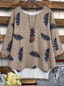 EMERY ROSE Plus Size Women's Faux Linen Printed High-Low Loose Asymmetrical Blouse, Round Neck 3/4 Sleeve Shirt, Suitable For Casual And Vacation Wear - Camel - View 7
