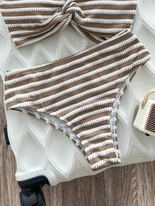 Swim SXY 女款夏季海灘條紋拼接細肩帶性感比基尼三角褲兩件式泳衣套裝 - 卡其色 - 查看 4