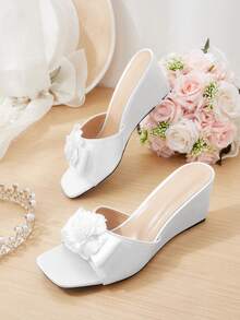 CUCCOO HITCHD White Satin Three-Dimensional Flower Square Toe Slope Heel Sandals Women's Summer Wear With Temperament Open-Toed Slippers - White - View 1