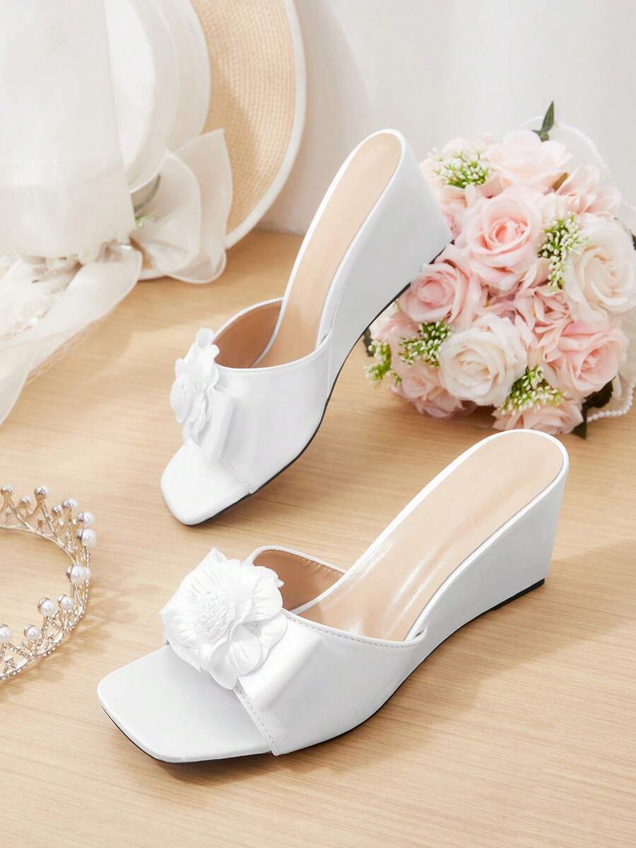 CUCCOO HITCHD White Satin Three-Dimensional Flower Square Toe Slope Heel Sandals Women's Summer Wear With Temperament Open-Toed Slippers - White - View 1