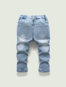 SHEIN Playful Pals Baby Boys' Light Washed Blue Distressed Stretch Denim , PocketedLightweightBreathableRelaxedEasy-CareSoftBoldChicGirlsSchoolStreetwear Pants - Light Wash - View 2