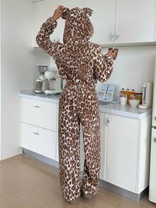 ZzzCrew Women's Double-Sided Arctic Print Apricot Leopard Pattern Hooded Pajama Set - Apricot - View 3