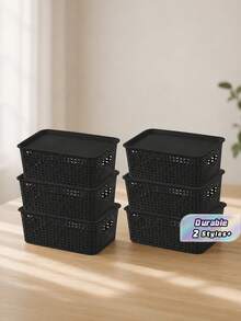 6pcs Black Stackable Plastic Storage Baskets Multipurpose Organizer Bins For Shelves Drawers Desktop Closet Playroom Classroom Office Home Storage - Multicolor - View 1