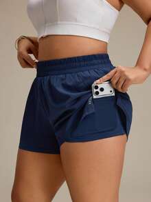 SHEIN Unity Quần short thể thao size lớn màu xanh navy có túi trong, phong cách thể thao thường ngày cho phòng gym mùa hè - Màu xanh hải quân - Xem 3