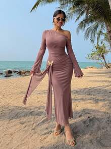DAZY Elegant Solid Color Asymmetric Ruched Butterfly Decor Fishtail Midi Dress For Women, Autumn Sundress - Pink - View 5