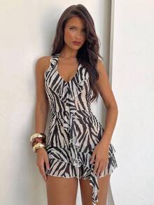 Aloruh Women's Sexy Zebra Print Ruffle Backless Halter Mini Dress, Summer - Black and White - View 3