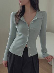 DAZY Women's Solid Color Slim Fit Polo Collar Long Sleeve Casual Streetwear Vacation Spring Autumn Knit Cardigan - Green - View 4