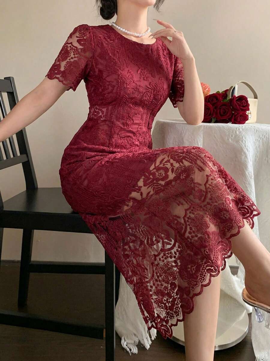 DAZY 优雅蕾丝圆领花瓣袖中长连衣裙,女士夏季防晒连衣裙 - 酒紅色 - 查看 1