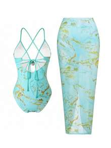 Bonvoyette Women's Oasis One-Piece Swimsuit Set, Light Blue Deep V-Neck Design, Hand-Braided Rope Waistline, Summer Evening Party Beach Vacation Sexy Tropical - Mint Green - View 2