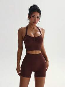 Mistrie Women's Solid Color Backless Halter Top And Shorts Sports Set - Brown - View 10