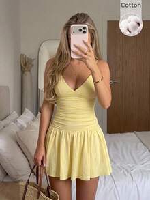 CovetEZ Women's Yellow Spaghetti Strap Mini Dress - Yellow - View 2