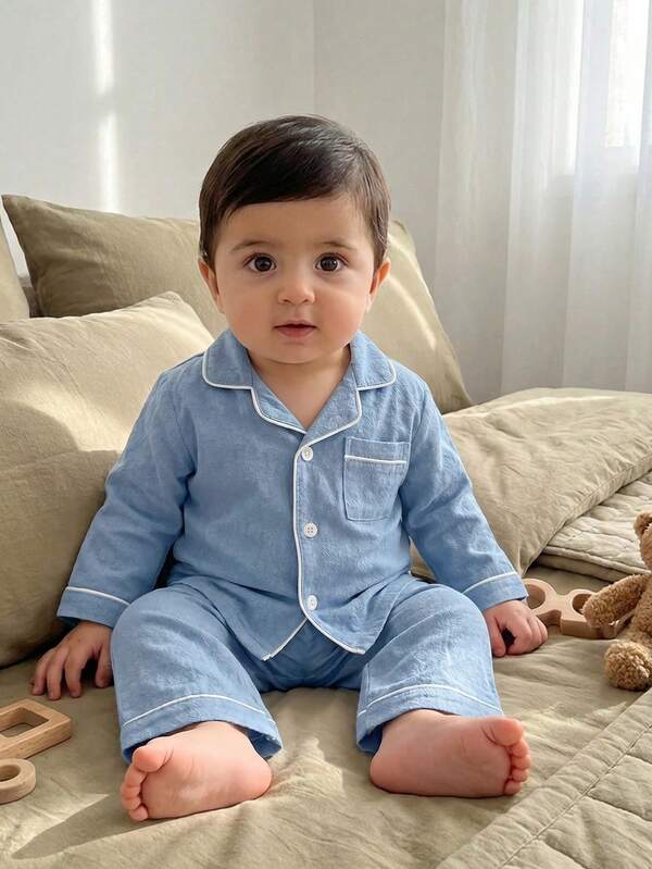SHEIN Unisex Baby 100% Cotton Long Sleeve Shirt And Straight Leg Pants Pajama Set,2pcs Blue And White Striped Autumn Basics Lounge Soft Solid Pocket Sleep