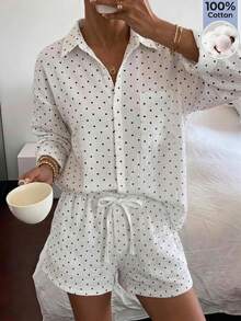 SHEIN EZwear 女款秋季新款休閒度假風黑白波點編織落肩長袖襯衫短褲套裝，適合海灘度假 - 黑與白 - 查看 7