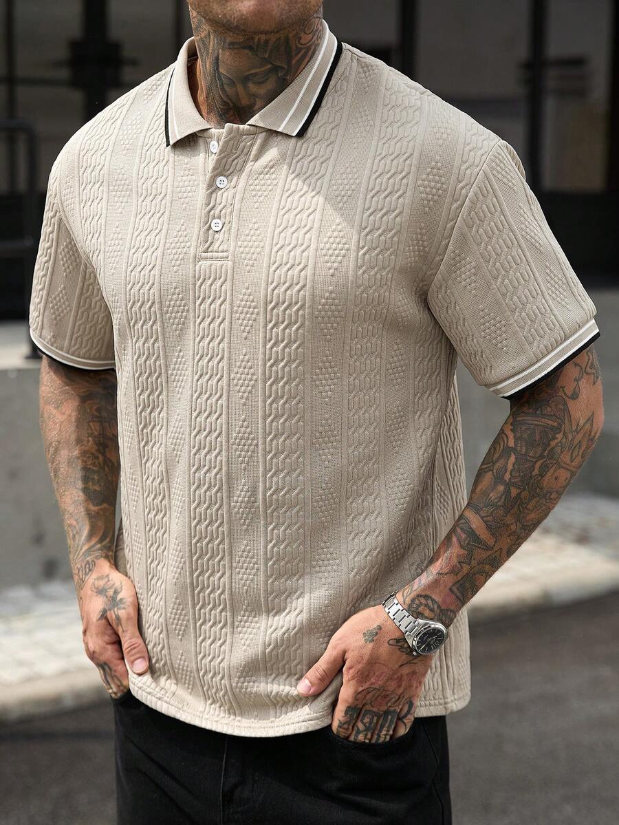 Manfinity CasualCool 男士不對稱紋理面料成熟休閒短袖 Polo 衫,送給男友的禮物,日常穿著 - 卡其色 - 查看 1