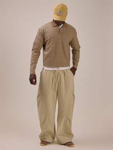 Musero Drop Shoulder Crop Length Long Sleeve Stripe Polo Top Ribbed Collar Detail Spring Summer Essentials - Brown - View 2