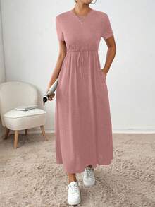 SHEIN Essnce 女式纯色圆领短袖腰带口袋长款休闲连衣裙 - 粉色 - 查看 3