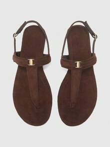 CUCCOO BIZCHIC American Retro Style Brown Frosted Leather Flat Sandals, Metal Buckle Embellished T-Strap Rear Tripple Toe Sandals, Daily Commuting Versatile Models - Brown - View 1