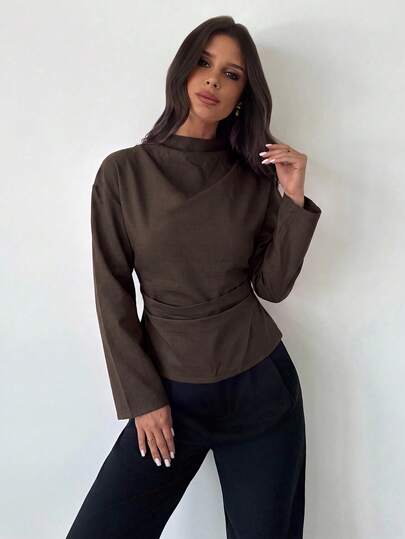 Firerie Women's Vintage Coffee-Colored Pleated Collar Long Sleeve Blouse With Ruched Waist, Commuter Style