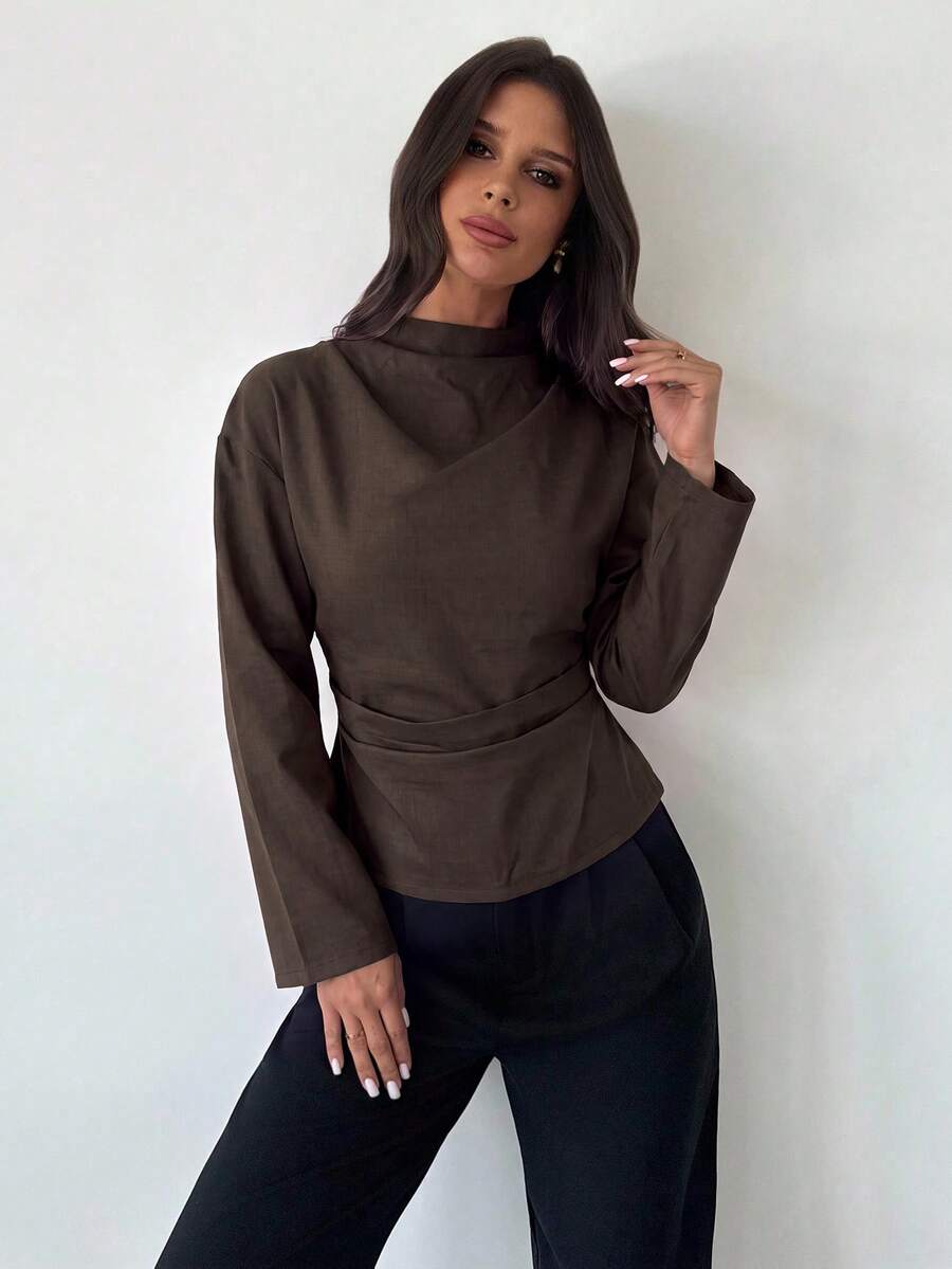 Firerie بلوزة نسائية بطراز عتيق بلون القهوة مع ياقة مطوية وأكمام طويلة وخصر مجعد، بأسلوب التنقل اليومي - بني مصدي - مشاهدة 1