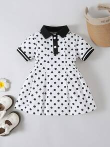 SHEIN 女嬰 Polo 領百褶細節波點洋裝，可愛俏皮波點設計，適合休閒日常穿著、外出與度假，夏季穿搭夏日洋裝 - 白色 - 查看 8