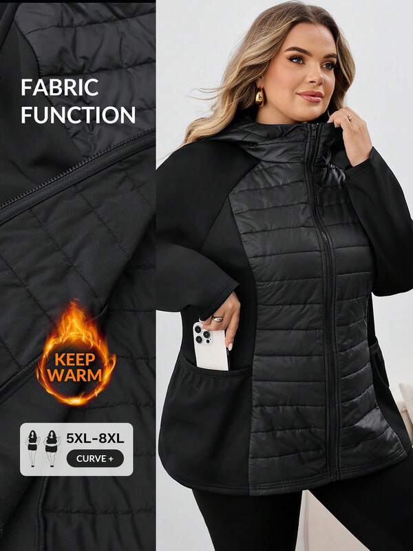 SHEIN CURVE+ جاكيت ريش مقاس كبير مع غطاء رأس وسلسلة، مناسب للخريف والشتاء والعودة إلى المدرسة، قماش مبطن، مريح، ملابس خريفية للنساء