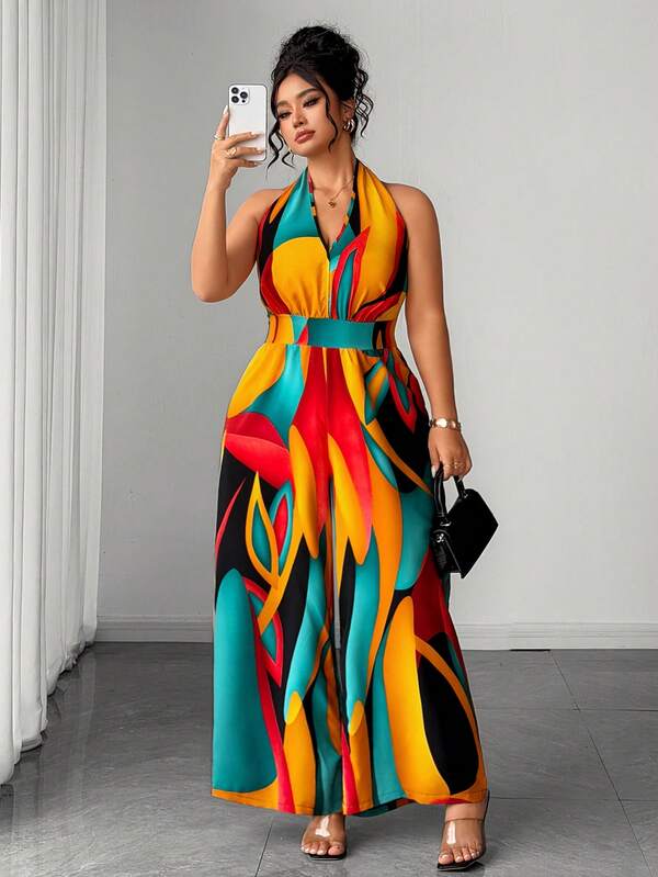 Elenzga Plus Size Women's Long Jumpsuit With Tie Straps, Open Back, Cinched Waist, Casual For Spring/Autumn, Travel, Party, Vacation, Daily Wear