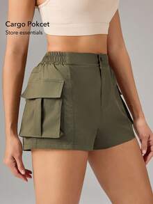 OutZeal Women Sports Shorts Gym Workout Back Elastic Waist With Pockets Cargo Shorts - Army Green - View 4