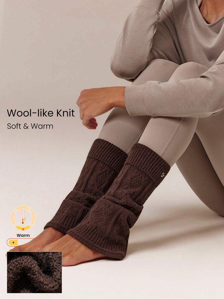 GLOWMODE SoftWarm Knit Cozy Cable Slouch Socks With Foldover Cuff & Flare Calf-Length Design Studio Pilates Yoga Daily Casual - dark brown - View 1
