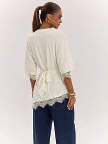 SHEIN BAE Women's Lace Patchwork Casual Versatile Daily Wear Top - Apricot - View 2