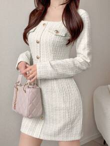FRIFUL Women's Early Autumn New Korean Style Cinched Waist Short Dress With Metal Button Decor Long Sleeve Cute Tops - Beige - View 4