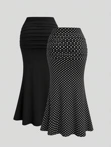Sweetra Plus Size Women's Soft Matte Solid Color Polka Dot Skirt, High Waist Ruched Design Mermaid Tail Skirt, Body-Hugging Slim Fit Hip-Flattering Concealing Flattering Height-Enhancing Elegant Drape Versatile Skirt, High Waist Ruched Mermaid Tail Skirt, Solid Color Polka Dot Slim Fit Hip-Flattering Skirt - Black and White - View 2