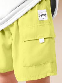 SUMWON Conjunto coordinado de verano para niños con camiseta oversize de cuello redondo y mangas cortas, y pantalones cortos con puntada de contraste - Amarillo - Ver 5