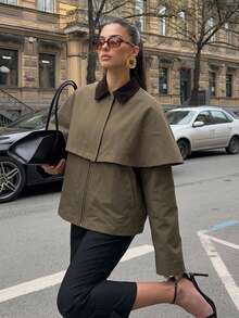 Firerie Jaket Kardigan Syal Vintage Kasual Wanita Warna Hijau, Mantel Trench Pendek Musim Gugur, Jaket Gudang, Gaya Jalanan Kasual untuk Beraktivitas di Luar Ruangan - Coklat - View 2