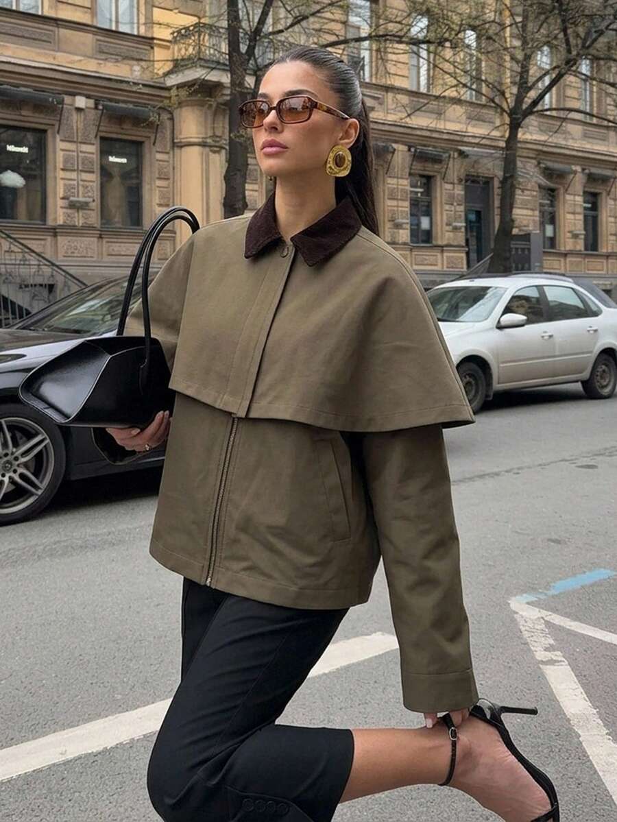 Firerie Jaket Kardigan Syal Vintage Kasual Wanita Warna Hijau, Mantel Trench Pendek Musim Gugur, Jaket Gudang, Gaya Jalanan Kasual untuk Beraktivitas di Luar Ruangan