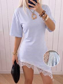 SHEIN EZwear 女款條紋蕾絲拼接不對稱下擺修身洋裝 - 彩色 - 查看 5