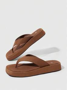 HighSole 春夏新款寬版設計露趾厚底增高極簡風涼鞋 - 牛仔棕 - 查看 3