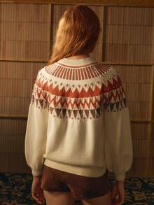 MOTF STUDIO FAIR ISLE PATTERN MOCK NECK FAUX PEARLS LOOSE KNIT SWEATER - Camel - View 5