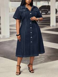 Slaydiva Plus Size Women Non-Stretch Denim Dress Cowboy Outfits For Women - Dark Wash - View 5