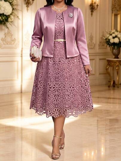Fleurora Plus Size Women's Long Sleeve Open Front Cardigan And Lace Dress Elegant 2-Piece Set