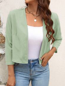 SHEIN LUNE Jaket Kerja Pendek Hitam Wanita, Pakaian Musim Semi, Gugur, dan Musim Dingin untuk Wanita - Mint Green - View 6
