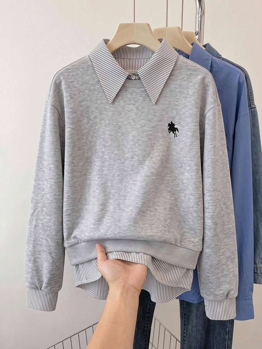 SHEIN 青少年女孩秋季復古歐美風襯衫領拼接寬鬆休閒學院風長袖衛衣,街頭休閒風,寬鬆條紋襯衫領衛衣,適合日常休閒通勤百搭 - 淺灰色 - 查看 1