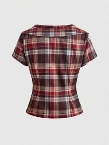 ROMWE Casual College Vintage Placket Button Plaid Checkered Fold Collar Women's Shirt - Multicolor - View 2