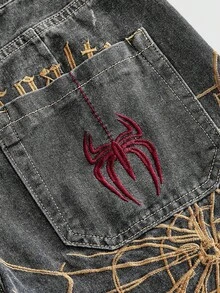 ROMWE Grunge Punk بنطال جينز نسائي متوسط الطول بقصة واسعة وفضفاضة مطرز بنقشة شبكة العنكبوت، ستايل ستريت بانك فينتاج صيفي للجنسين - الأسود - مشاهدة 5