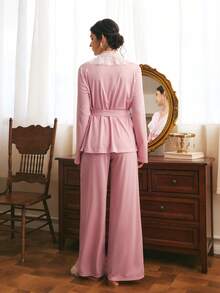 Côtesoire Southern French Court Romantic Casual Lace Patchwork Long Sleeve Pants Pajama Set For Women - Dusty Pink - View 2