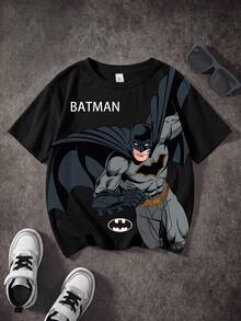 BATMAN X SHEIN 青少年男孩夏季休閒卡通印花T恤 - 白色 - 查看 1