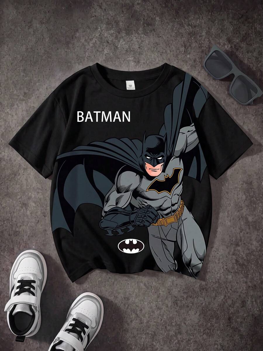 BATMAN X SHEIN 青少年男孩夏季休閒卡通印花T恤 - 白色 - 查看 1