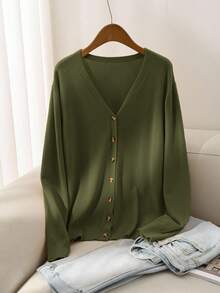 CosyJoli Women's Plus Size Solid Color Basic Cardigan, Casual Loose Button-Up Long Sleeve Top In Fall/Winter - Green - View 13
