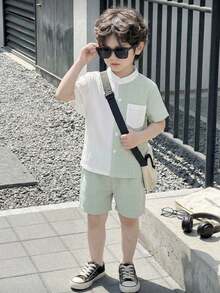 SHEIN 2pcs/Set Young Boy Casual Green & White Striped Patchwork Design Collared Short Sleeve Shirt And Shorts Set,Loose Fit,Summer Daily Outings Outfit - Multicolor - View 3