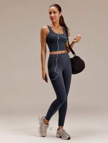 GLOWMODE FeatherFit™ Twist & Sculpt Matching Set With Twist-Back Sports Bra With Removable Cups & 24" High Rise Leggings Yoga Pilates Studio Active - Iron Gray - View 10