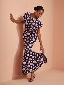 JIAN LASALA Knit Round Neckline Double Short Ruffle Layers Sleeves Long Dress Elegant Romantic Vacation Casual Black Floral Summer - Multicolor - View 1